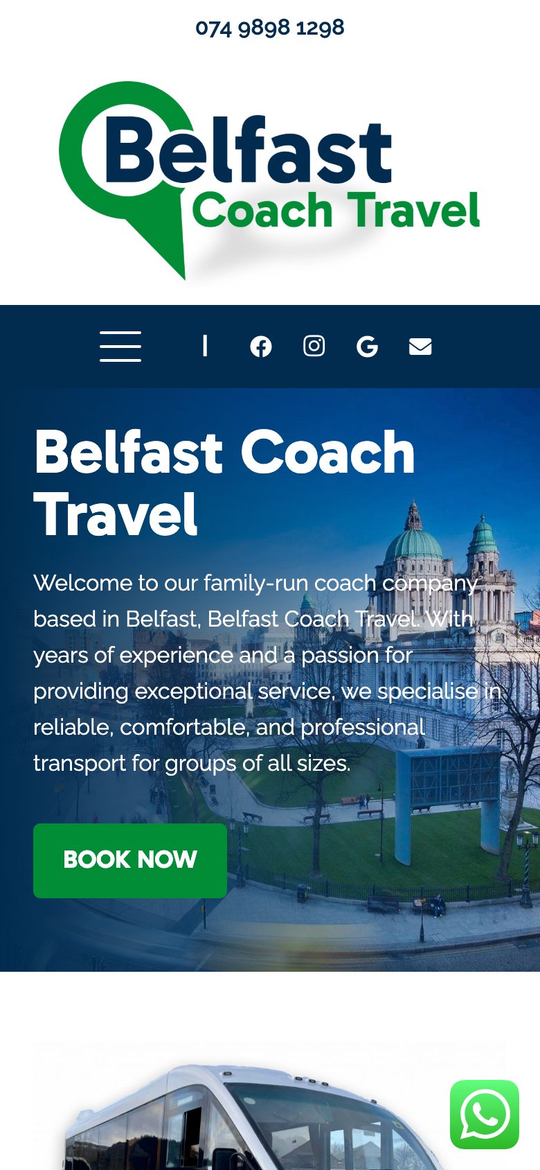 Belfast Coach Travel website on mobile, designed by Web Design Belfast