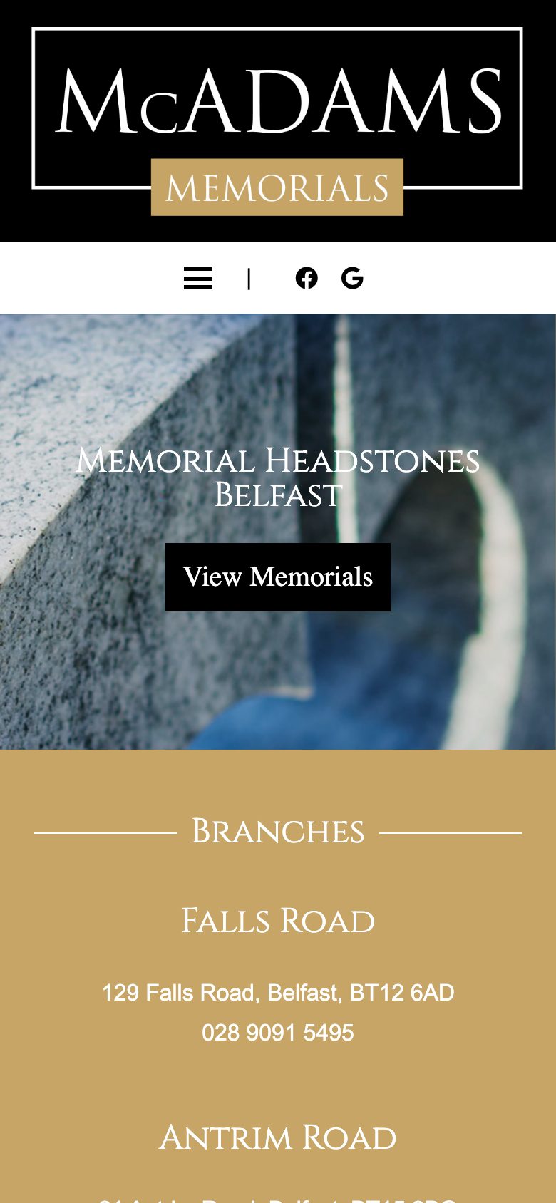McAdams Memorials website on mobile, designed by Web Design Belfast