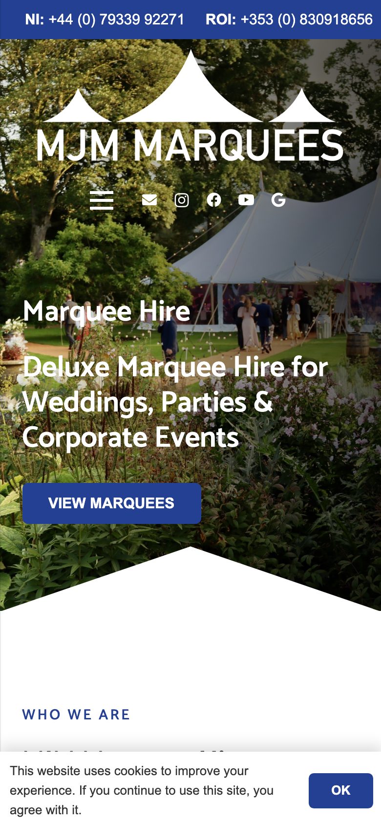 MJM Marquees website on mobile, designed by Web Design Belfast