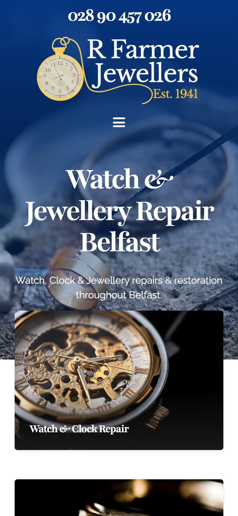R Farmer Jewellers website on mobile, designed by Web Design Belfast