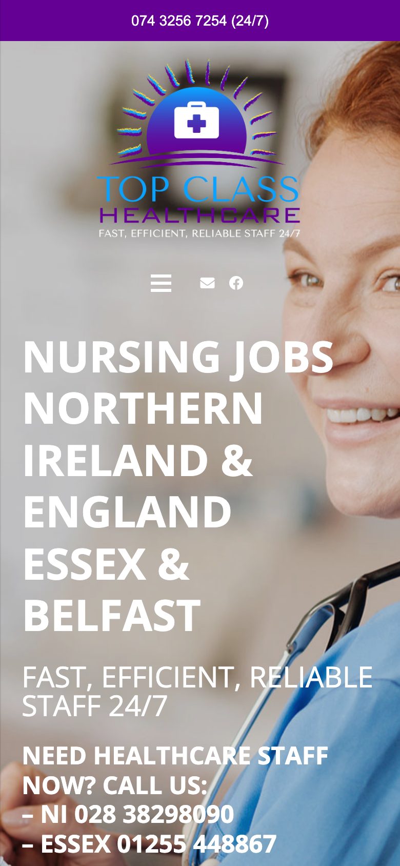 Top Class Nursing website on mobile, designed by Web Design Belfast