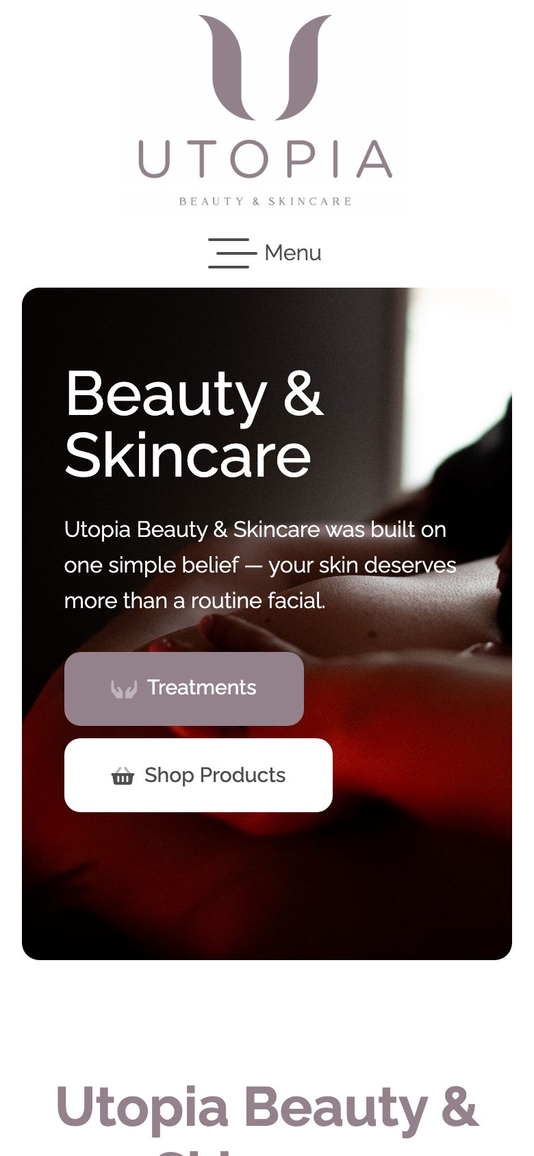 Utopia Beauty & Skincare website on mobile, designed by Web Design Belfast